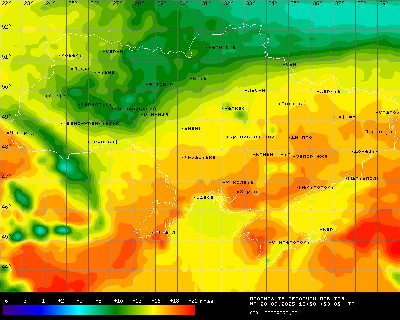 На зображенні може бути: карта та текст «22° 23° 24° 52° 33° 51° -Ковель Koe ель 38° «СФРНИ •лУцЦЫ 50° •HepHirie •ЛЬВ.Е 49° Ужг ФРОД івано-Франкт "В.ННИЦЯ 48° черкаси черн . Bui -полтава -Уман 47° 010M •Кропивницький киЙ Староб Дн ДНИПРО Люба Любаш.вка вка ЛУг ЛУганоук аном 46° -КривИй Pir ЗаПор окя पठप -МИКОЛ -одесв 45 "Херсон •МарЛТиполь Map •МеЛі Мелитополь топоЛи ГэнаΪл -Керч -6 •СТМФеРОПОЛЬ +5 +8 +10 +13 +16 +18 +21 1град. PaA. ПРОгНОЗ ТЕМПЕРАТУРИ ПОВ ТРя HA 28.6 2025 00 +03 මම UTC METEOPOST.COM»