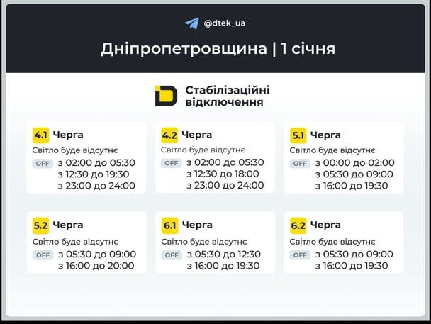 Графік відключення світла на Дніпропетровщині 1 січня / © ДТЕК