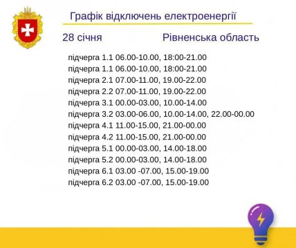 Графіки відключень у Рівненській області 28 січня