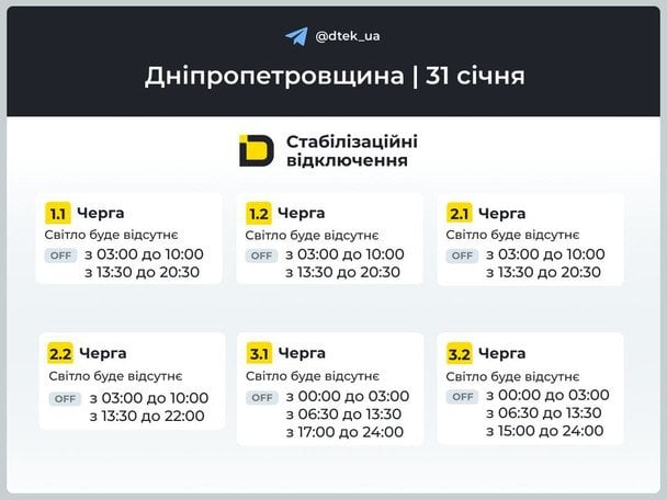 Графік відключення світла на Дніпропетровщині 31 січня / © ДТЕК