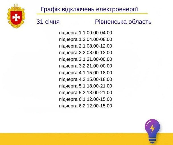 Графік відключення світла на Рівненщині 31 січня