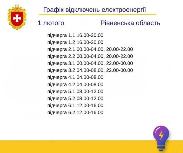 Графік відключення світла на Рівненщині 1 лютого