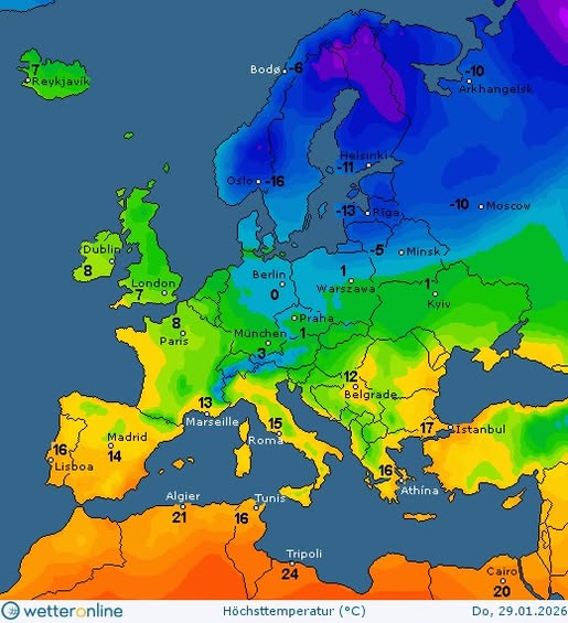 На зображенні може бути: карта та текст «-Reykjavik Bode- -10 Aikhangelsk Oslo.-16 Dublin 8 ·Moscow London Berlin -Minsk Warszawa Paris Müncher Kyiv 13 Marseille Madrid 14 16 Lisboa Belgrade 15 Rom Istanbul Algier 21 Tunis 16 Athína Tripoli 24 wetter wetteronline online Cairo Höchsttemperatur (°℃) Do, Do,29.01.2026»