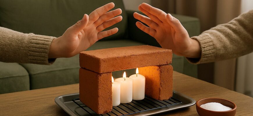 Якщо павербанк розрядився, й обігрівач не працює, роблю імпровізований: 3 свічки та 3 цеглини зігрівають Якщо павербанк розрядився, й обігрівач не працює, роблю імпровізований: 3 свічки та 3 цеглини зігрівають