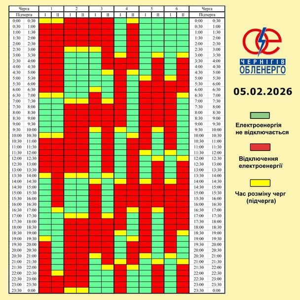 Графік відключення світла на Чернігівщині 5 лютого