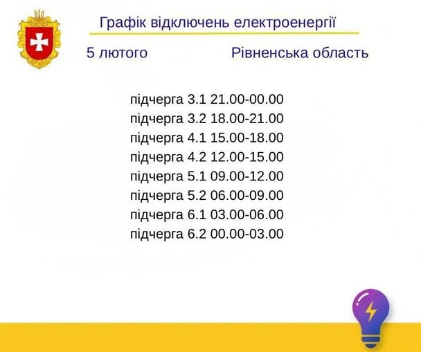 Графік відключення світла на Рівненщині 5 лютого