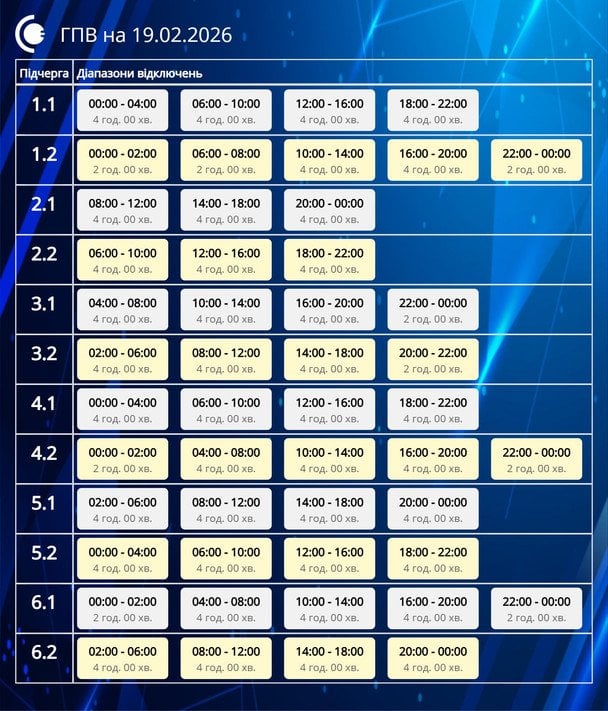 Графік відключення світла на Сумщині 19 лютого