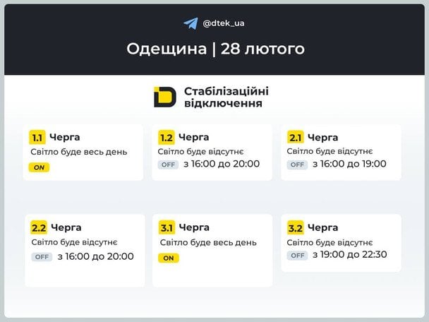 Графік відключення світла на Одещині 28 лютого / © ДТЕК