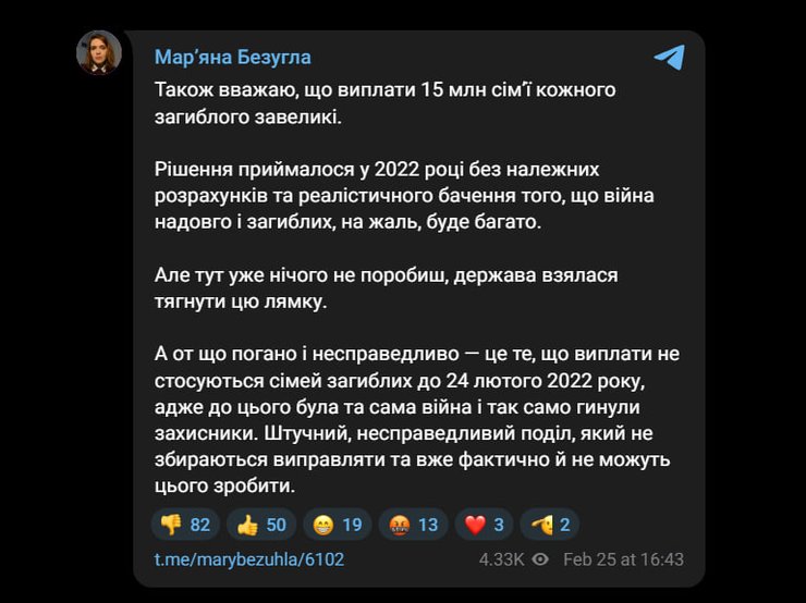 Публікація Мар’яни Безуглої в Telegram