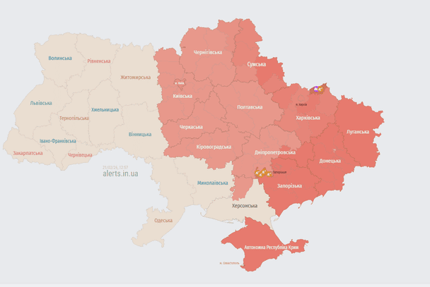 Мапа тривог станом на 12:55.