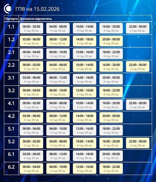 Графік відключення світла на Сумщині 15 лютого