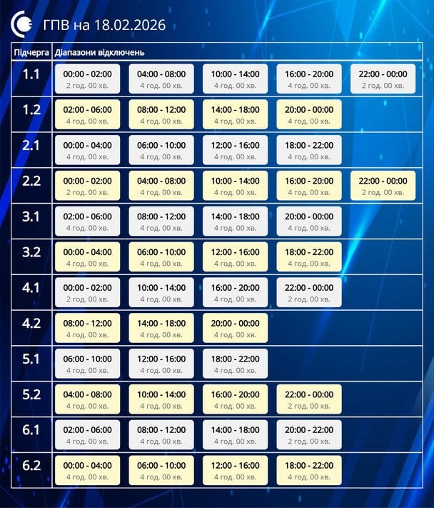 Графік відключення світла на Сумщині 18 лютого