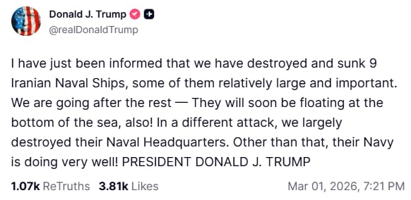 Морський бій: Трамп заявив про масове знищення кораблів в атаці на Іран