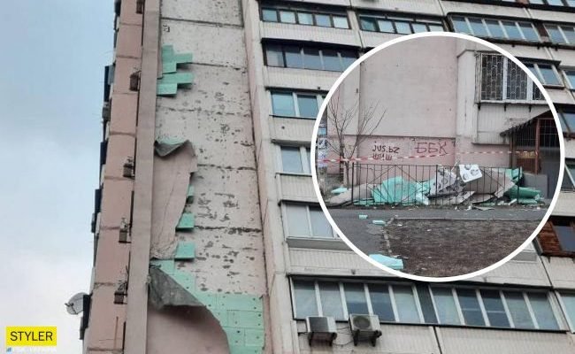 У Києві ураган зірвав утеплювач з багатоповерхівки (фото)