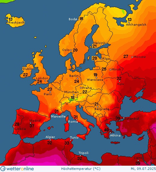 На зображенні може бути: карта та текст «13 PReykjavik Bode 13 Arkhangelsk Oslo.20 21 21225 Helsinki 20 Dublin 22 •Moscow London •Minsk> Berlin 24 Warszawa Paris Kyiv •Praha Prahas München 18~ 31 Marseille Belgrade Madrid 37 Usboa 31 Roma Pistanbul Algier Tunis Athína Tripoli wetter wetteronline nline Höchsttemperatu （C） Mi, i,09.07.2025 09.07. 2025»