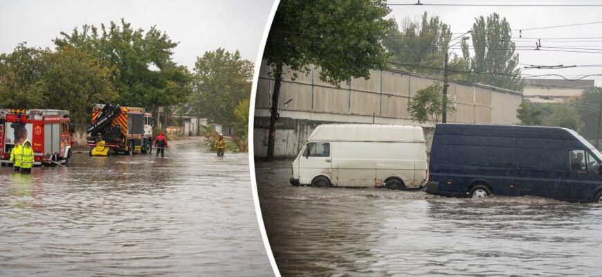 Повінь в Одесі: дороги затоплені “озерами”, громадський транспорт стоїть