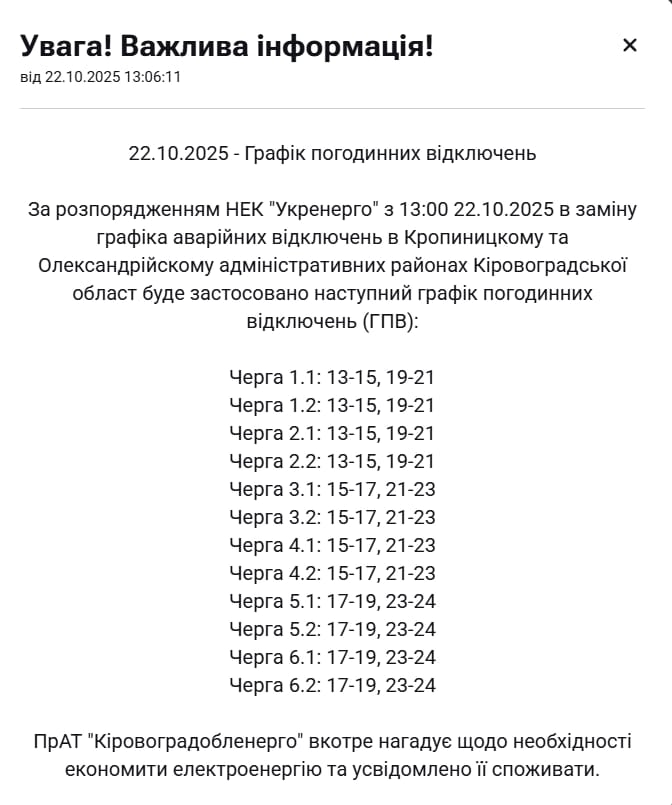 Графіки відключення світла Кропивницький