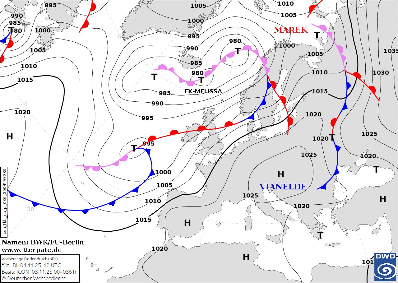 Можливо, це зображення (‎карта та ‎текст «‎995 990 985 68ό 1000 1005 1010 1000 1010 1005 1015 990 980 MAREK 1000 T 980 40 1020 1005 1035 985 990 EX-MELISSA -1010 H 995 1030 1015 95 1020 1020 همم 1000 1025 1025 1005 1010 H VIANELDE 1025 1015 H ا 60 Namen: BWK/FU-Berlin ww.wetterpate.de rpate.de ww.wetter orhersage Bodendruck (hPa) für: 04. 11.25 12UTC Basis ICON 03. 3.11.2500+036h DeutscherWetterdienst 1020 H 1020 H DWD 101‎»‎‎)