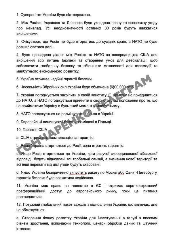 28 пунктів мирного плану США, які опублікував нардеп. / © Telegram/Олексій Гончаренко