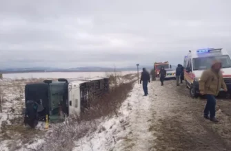 Через засніжену трасу на Франківщині перекинувся автобус, є жертва та постраждалі (фото, відео)