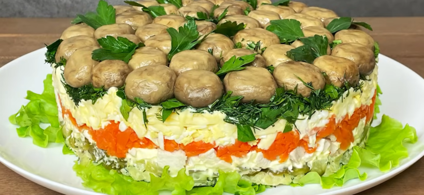 Викладаю гриби шапочками вниз – і салат перетворюється на “галявину”: гості фотографують перед подачею