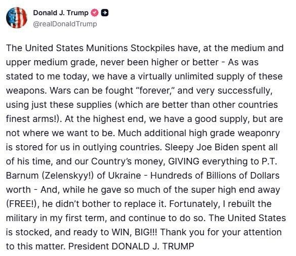 Допис Дональда Трампа у соцмережі Truth Social.