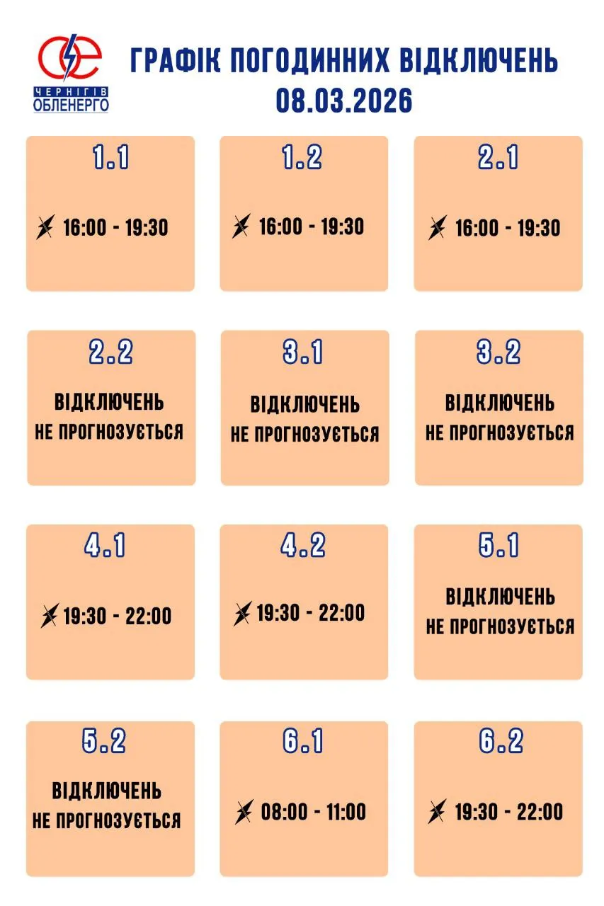 Графіки відключення у Чернігівській області 8 березня Графіки відключення у Чернігівській області 8 березня