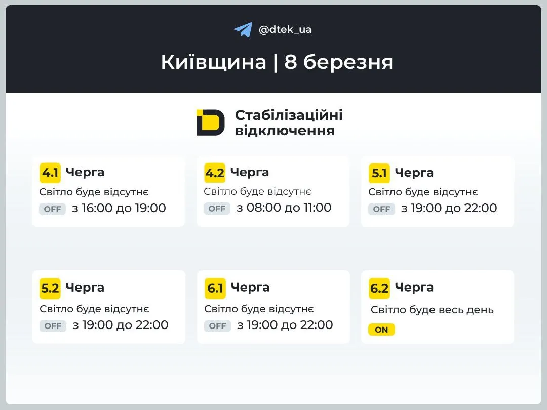 Графіки відключення у Київській області 8 березня Графіки відключення у Київській області 8 березня