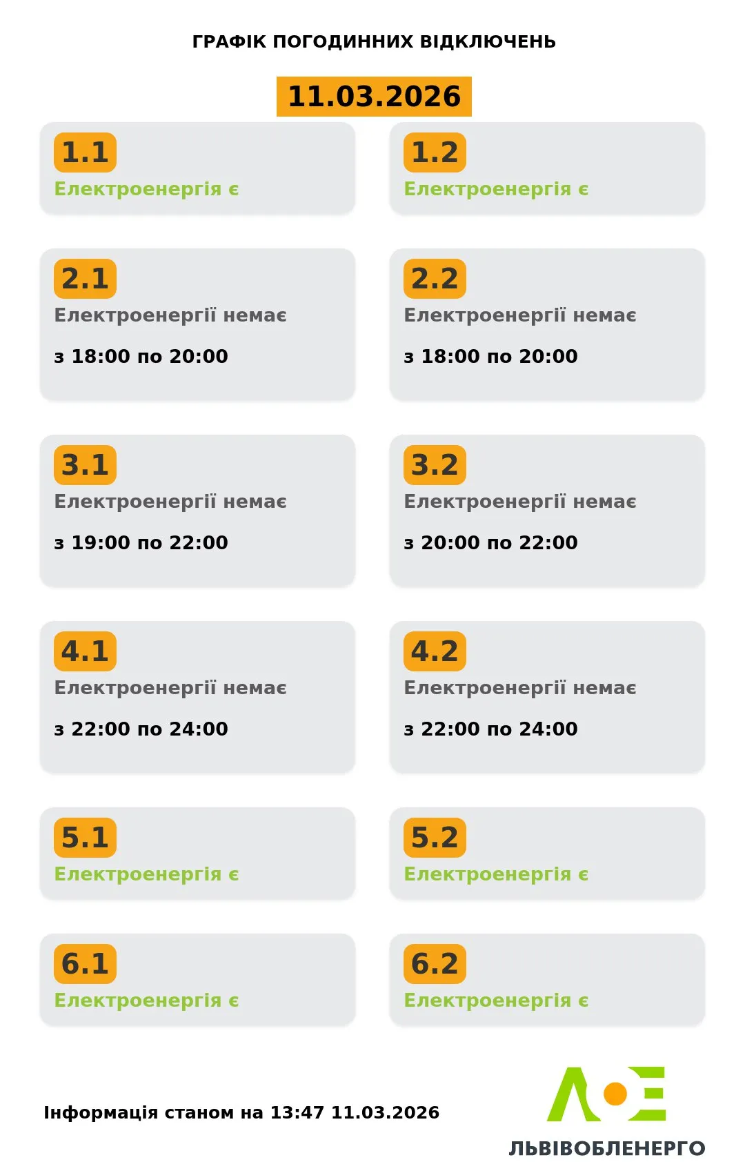 Графіки відключень світла у Львові та області на 11 березня Графіки відключень світла у Львові та області на 11 березня
