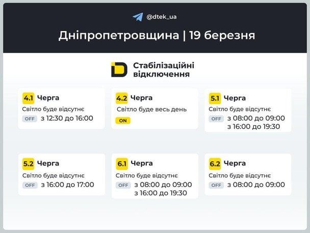 Графік відключення світла на Дніпропетровщині 19 березня / © ДТЕК