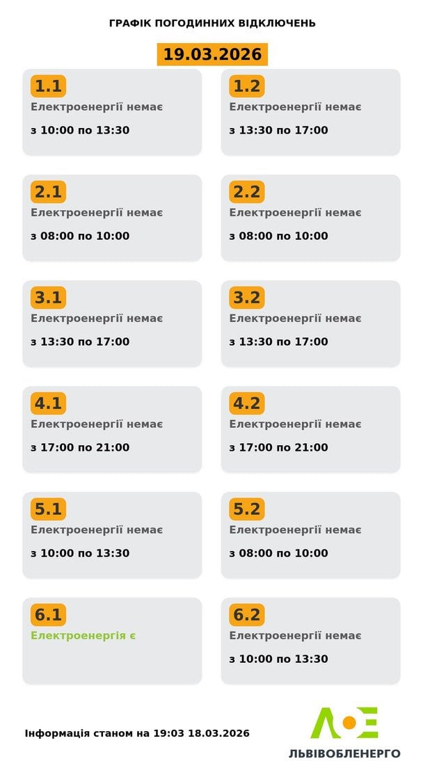 Графік відключення світла на Львівщині 19 березня