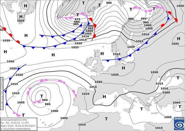 Мапа атмосферних фронтів 19 березня / © Наталія Діденко / Facebook