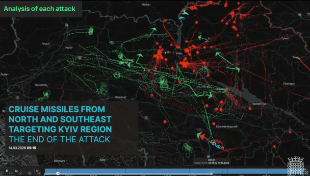 Мапа російської атаки по Україні 14 березня на iPad, зображення з якого Володимир Зеленський показав під час виступу в британському парламенті / © скриншот з відео