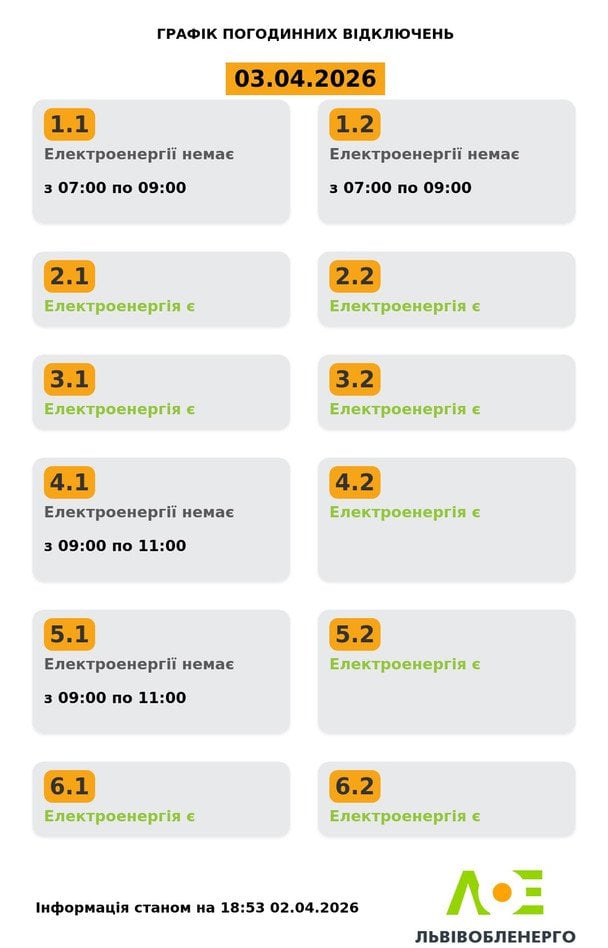 Графік відключення світла на Львівщині 3 квітня