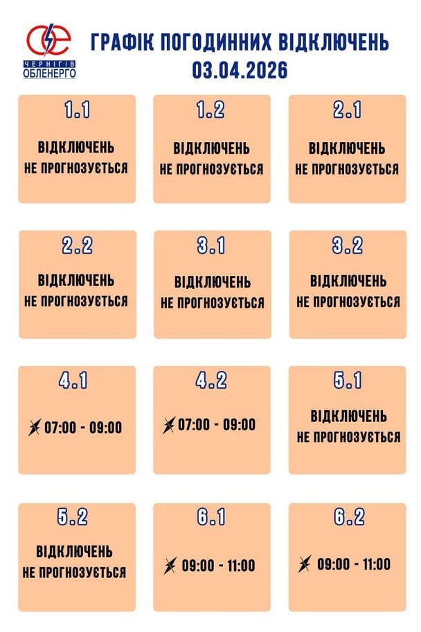 Графік відключення світла на Чернігівщині 3 квітня