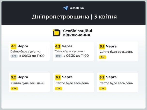 Графік відключення світла на Дніпропетровщині 3 квітня / © ДТЕК