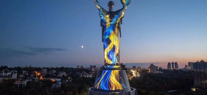 У Києві «Батьківщина-Мати» засяяла синьо-жовтими барвами на честь Дня Незалежності У Києві «Батьківщина-Мати» засяяла синьо-жовтими барвами на честь Дня Незалежності